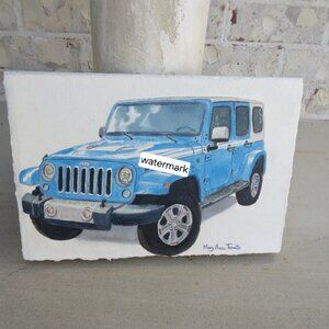 NEW ORIGINAL WATERCOLOR BLUE JEEP PAINTING ON PAPER